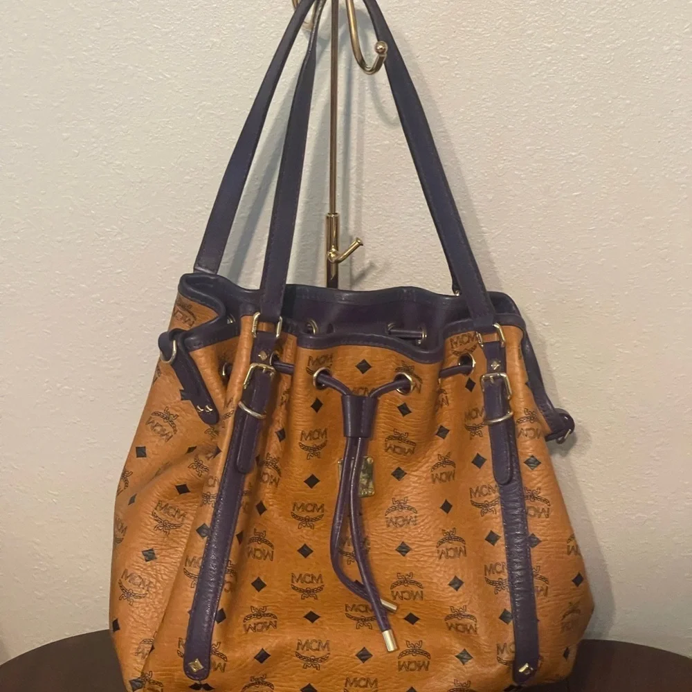 MCM Visetos Cognac and purple Leather Bucket Bag